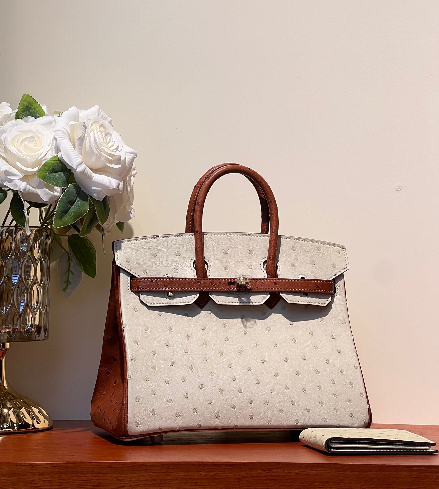 KELLY  SELLIER 25 BAG IN WHITE MIX RED BROWN OSTRICH LEATHER (MADE-TO-ODER)