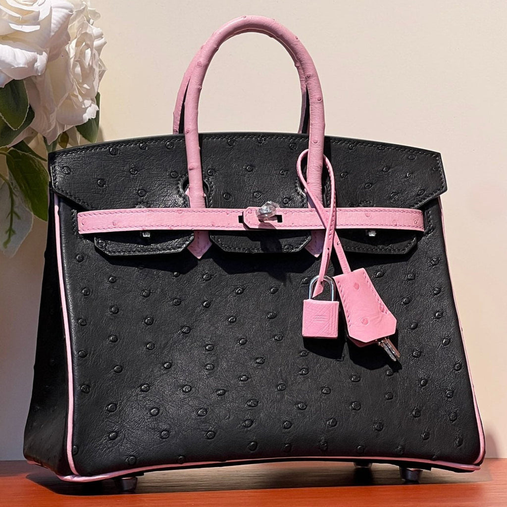 KELLY SELLIER 25 TASCHE IN SCHWARZ-BABYROSA STREIFENLEDER (AUF BESTELLUNG GEFERTIGT)