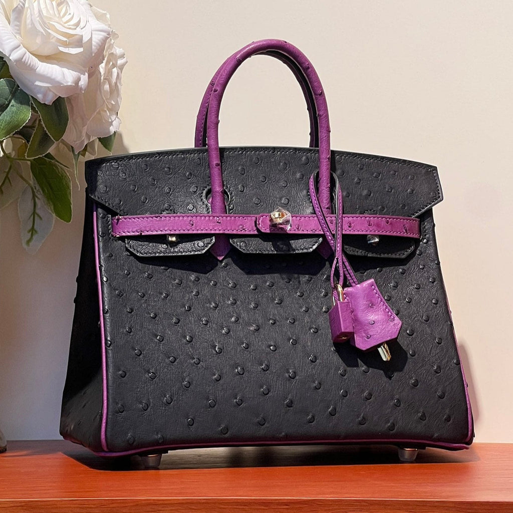 KELLY SELLIER 25 TASCHE IN SCHWARZ-MIX ORCHIDEEN-LILA STREIFENLEDER (AUF BESTELLUNG GEFERTIGT)