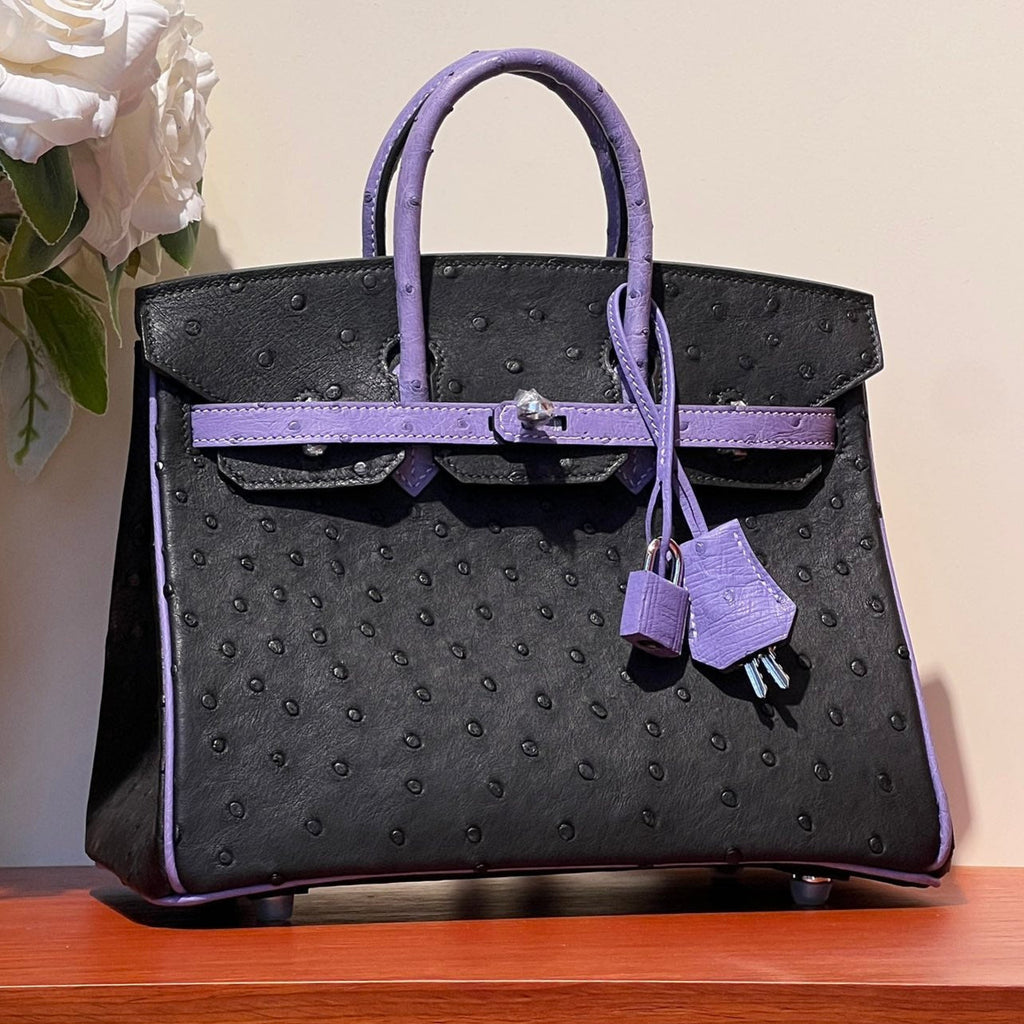 KELLY SELLIER 25 TASCHE IN SCHWARZ-MIX AMETHYST-LILA STREIFENLEDER (AUF BESTELLUNG GEFERTIGT)