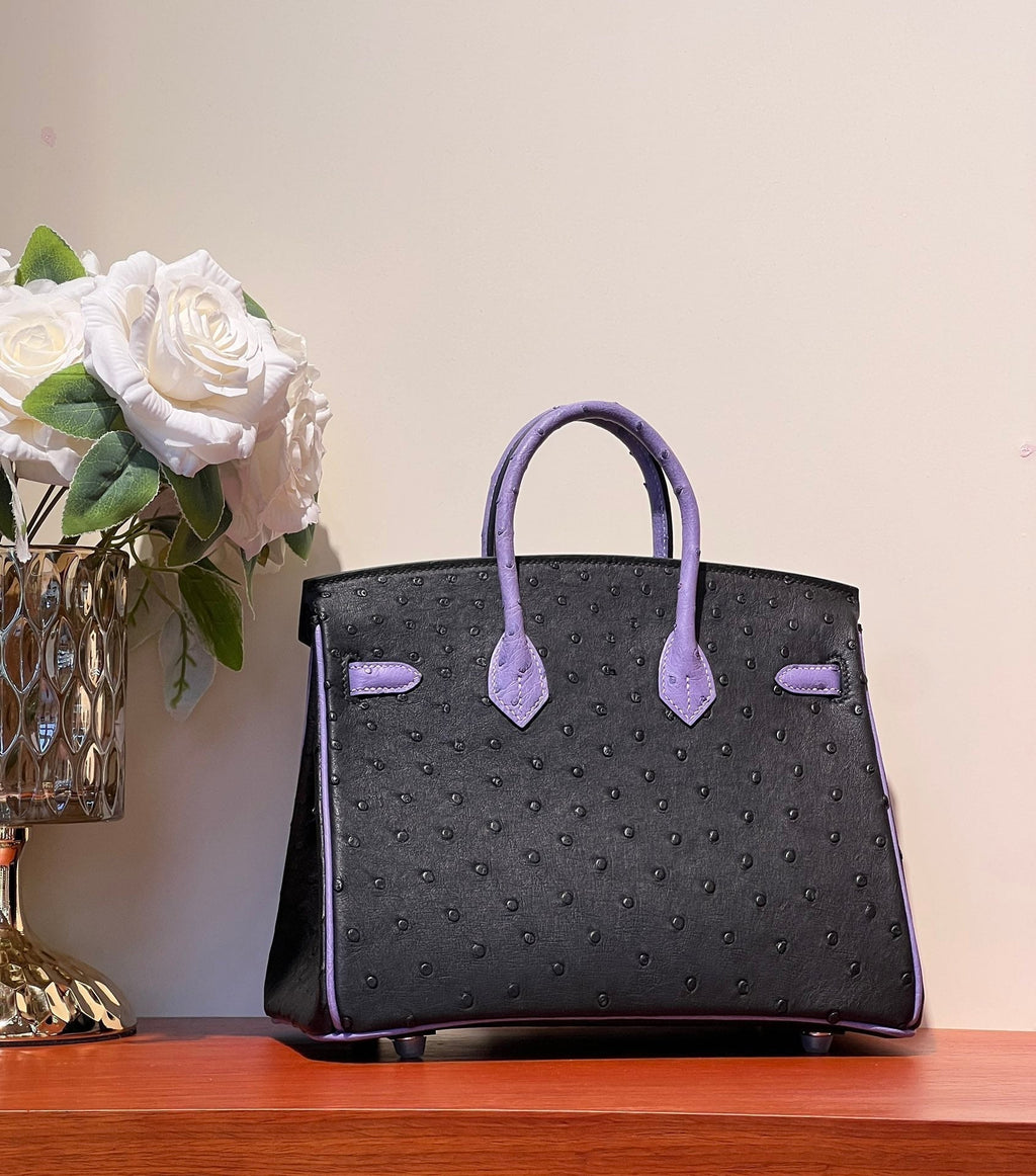 KELLY SELLIER 25 TASCHE IN SCHWARZ-MIX AMETHYST-LILA STREIFENLEDER (AUF BESTELLUNG GEFERTIGT)