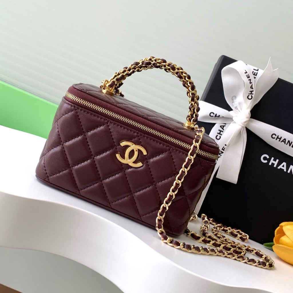 Kleiner Kosmetikkoffer mit Griff, 17 Zoll, weinrotes Lammleder, goldene Beschläge