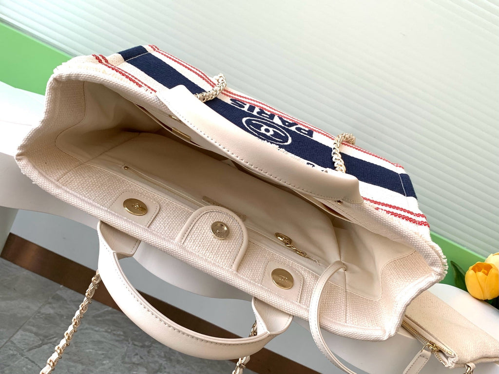 SHOPPING BAG 34 IN WHITE RED AND NAVY BLUE CANVAS