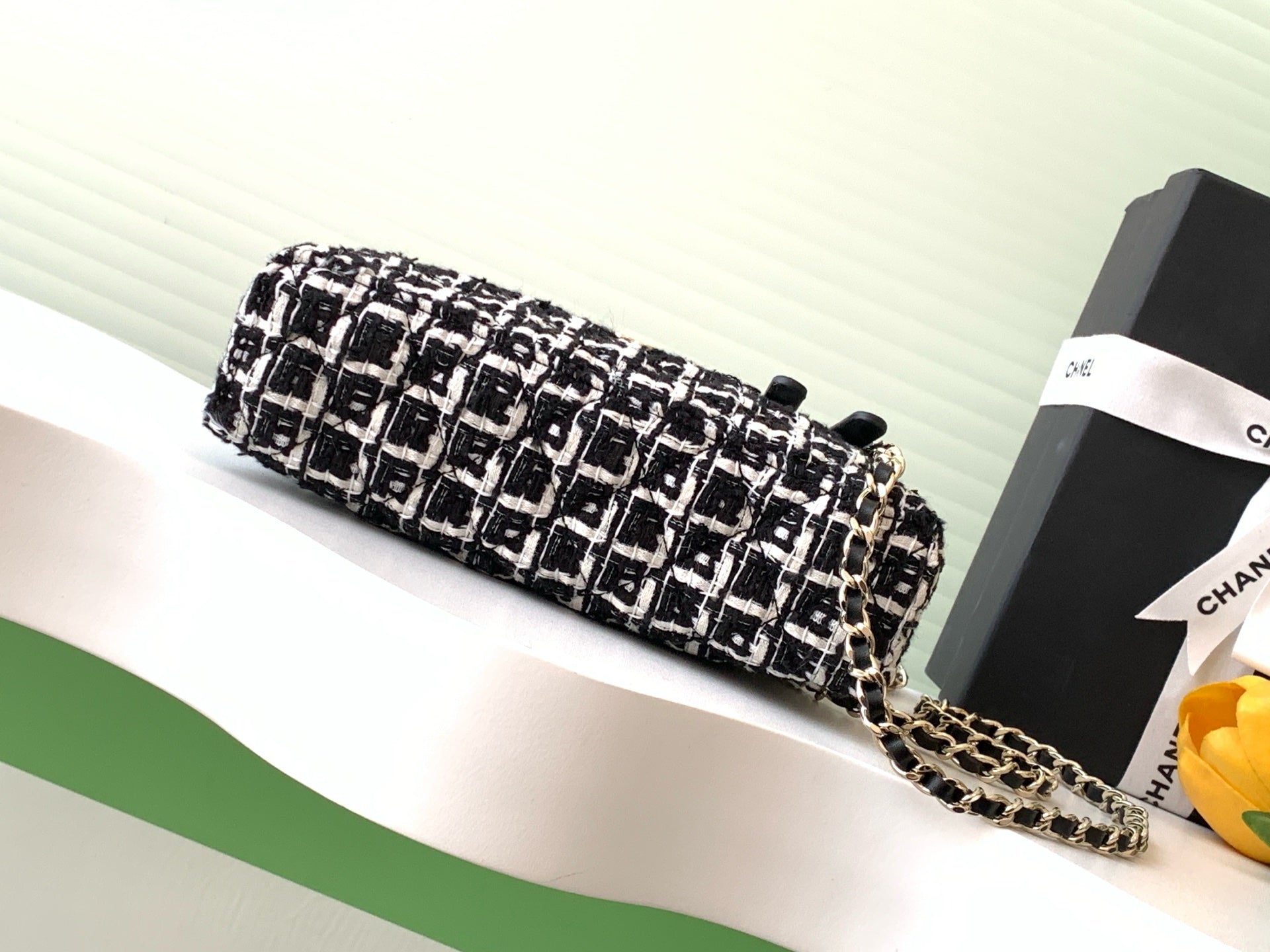 VANITY CASE 19 IN BLACK MIX WHITE QUILTED TWEED GOLD HARDWARE