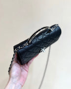 FLAP BAG WITH SILVER-TONE HANDLE 18 IN BLACK LAMBSKIN
