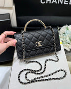 FLAP BAG WITH SILVER-TONE HANDLE 18 IN BLACK LAMBSKIN