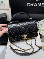 PEARL LIMITED EDITION FLAP BAG WITH HANDLE 20 IN BLACK LAMBSKIN