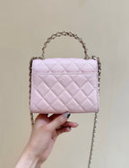 QUILTED MINI FLAP BAG WITH HANDLE 14 IN BABY PINK LAMBSKIN GOLD PLATED METAL