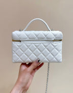 STRASS VANITY QUILTED CASE 19 IN WHITE CALFSKIN WITH GOLD METALLIC