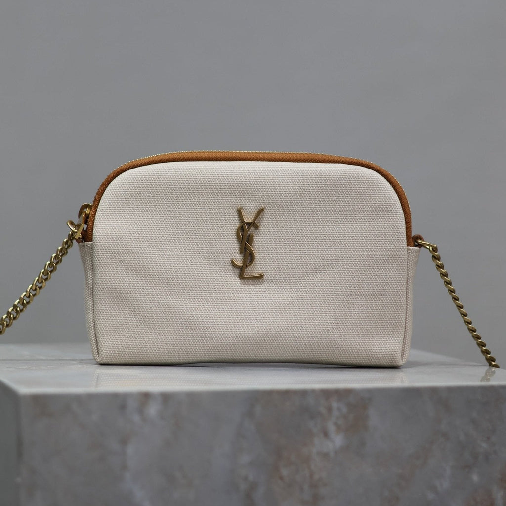 GABY Reißverschlusstasche 19 Zoll Weiß Mix Braun Baumwolle Goldene Beschläge