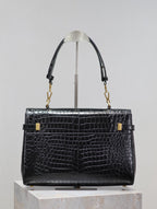MANHATTAN HANDTASCHE 32 IN SCHWARZEM KROKODILGEPRÄGTES KALBSLEDER GOLDENE BESCHLÄGE