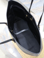 Einkaufstasche 38 Zoll, beige, gewebtes Raffia und schwarzes Kalbsleder