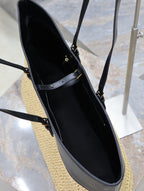 Einkaufstasche 38 Zoll, beige, gewebtes Raffia und schwarzes Kalbsleder