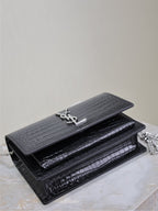 SUNSET KLEINE TASCHE 19 IN SCHWARZEM KROKODILGEPRÄGTES KALBSLEDER SILBERNE BESCHLÄGE