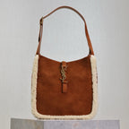 LE 5 À 7 SMALL SUPPLE 23 IN AMBER ORANGE SUEDE AND WHITE LAMB FUR TRIM