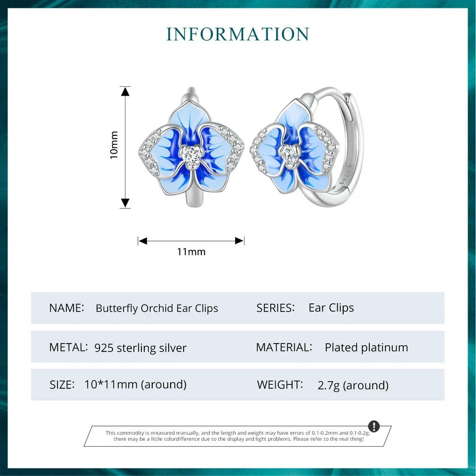ブルーエナメルの蝶蘭の耳クリップ、胡蝶蘭の花の耳バックル