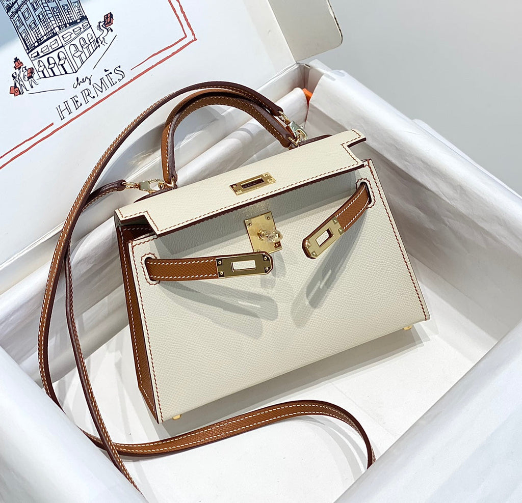 HM KELLY MINI 20 WEISS GOLDBRAUN EPSOM GOLDENE BESCHLÄGE
